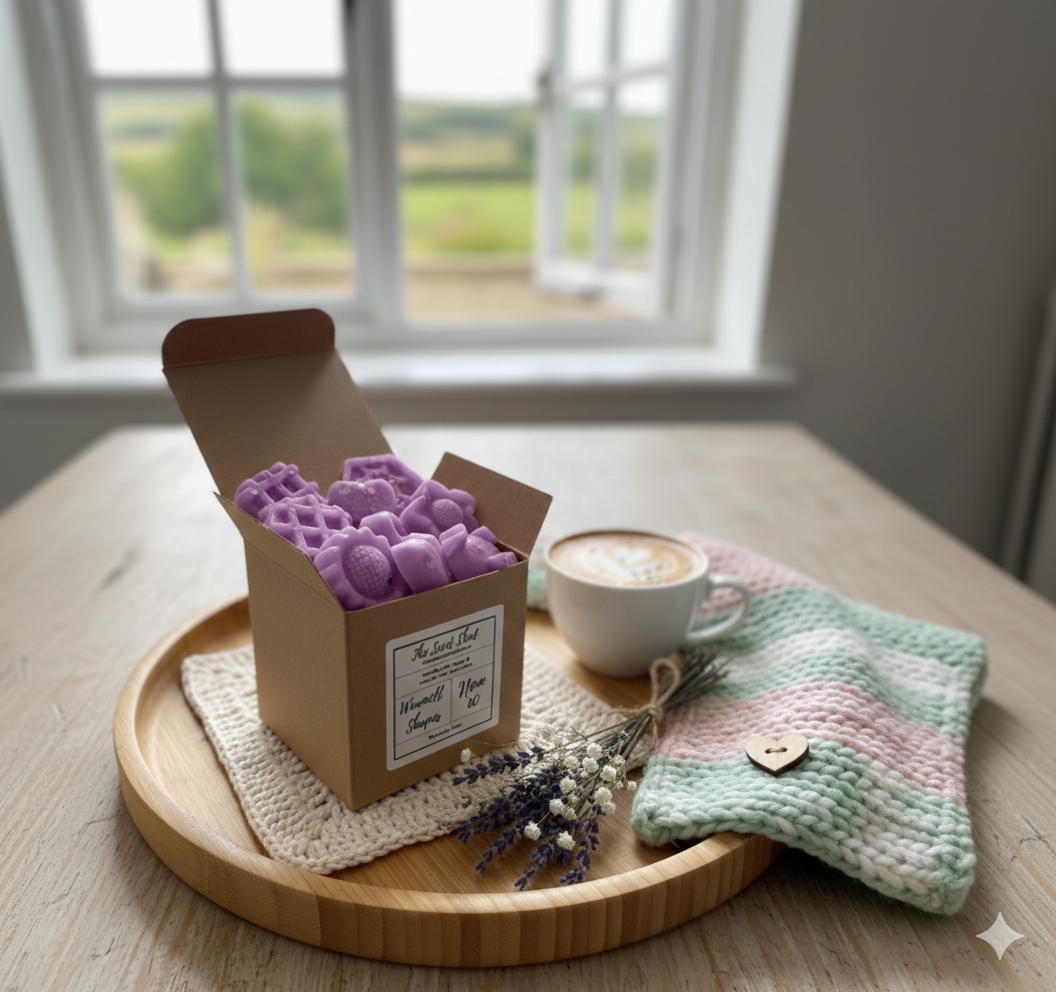 Box of purple wax melts on a wooden tray with a cup of coffee and a knitted item.
