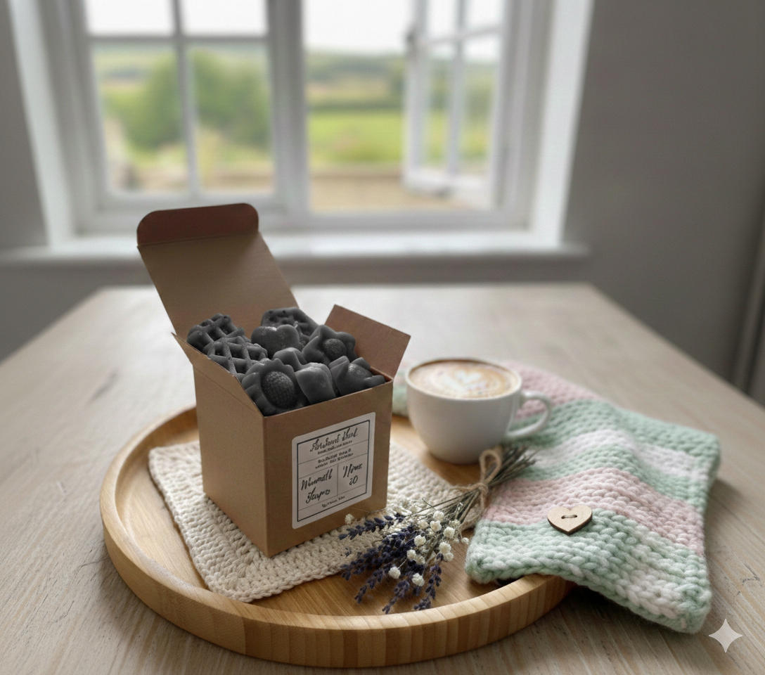 Box of Wax Melts on Wooden Serving Plate, accompanied by crochet woven Squares and a cup of coffee.