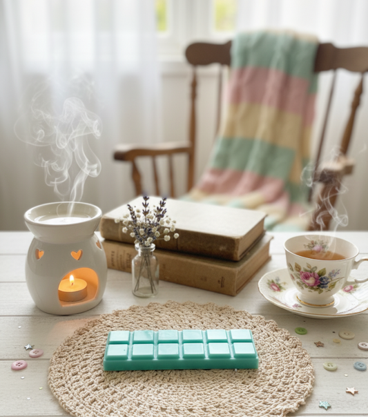 Aromatherapy candle, tea cup, and books on a table with a cozy atmosphere.