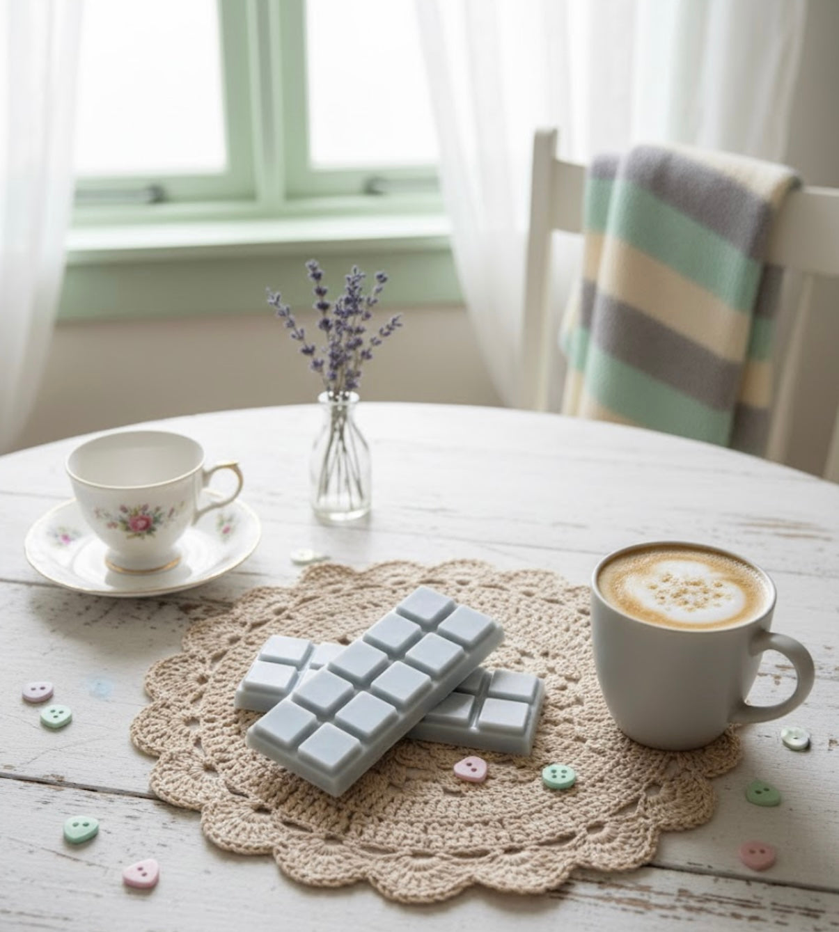 Cup of coffee with a latte art design on a wooden table, next to a stack of blue awax melts