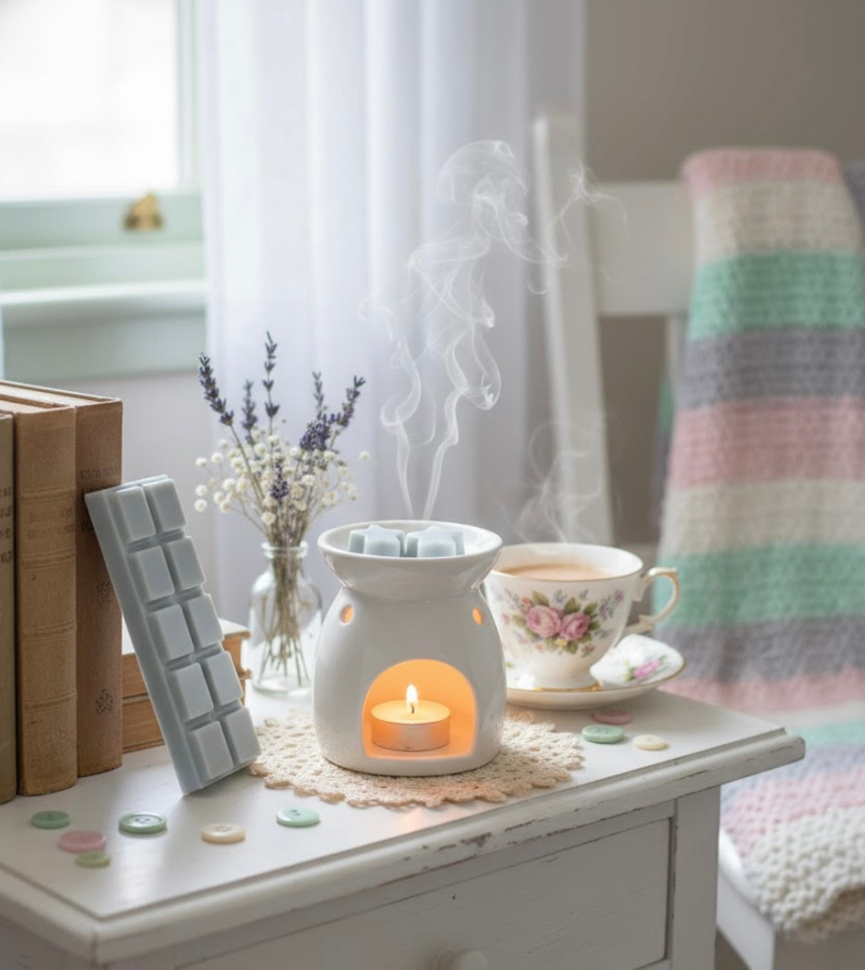 Aromatherapy warmer with a lit candle on a table next to a teacup and books, with a soft focus background.