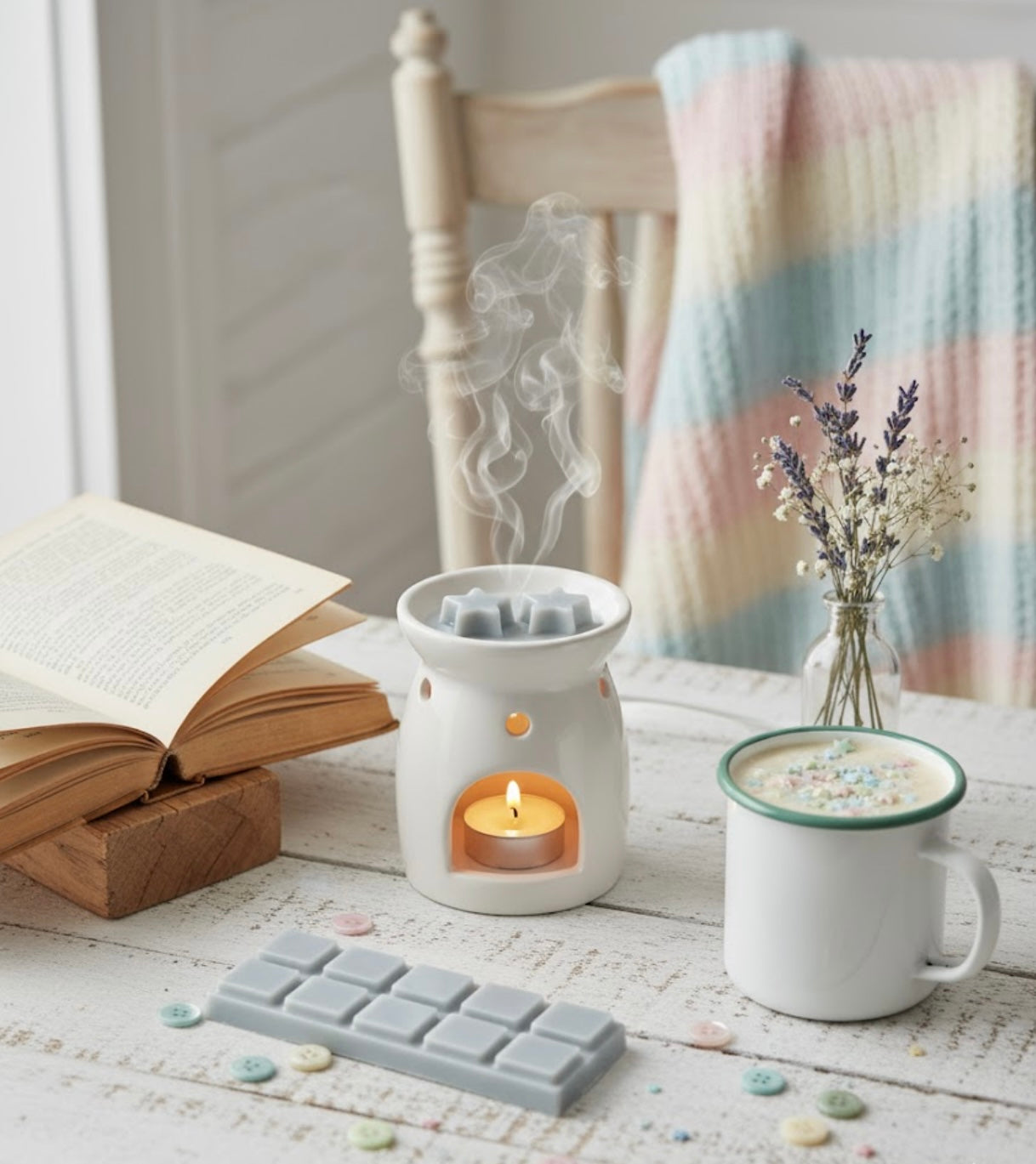 Aromatherapy diffuser with a lit candle, mug, book, and waxmelt on a table.