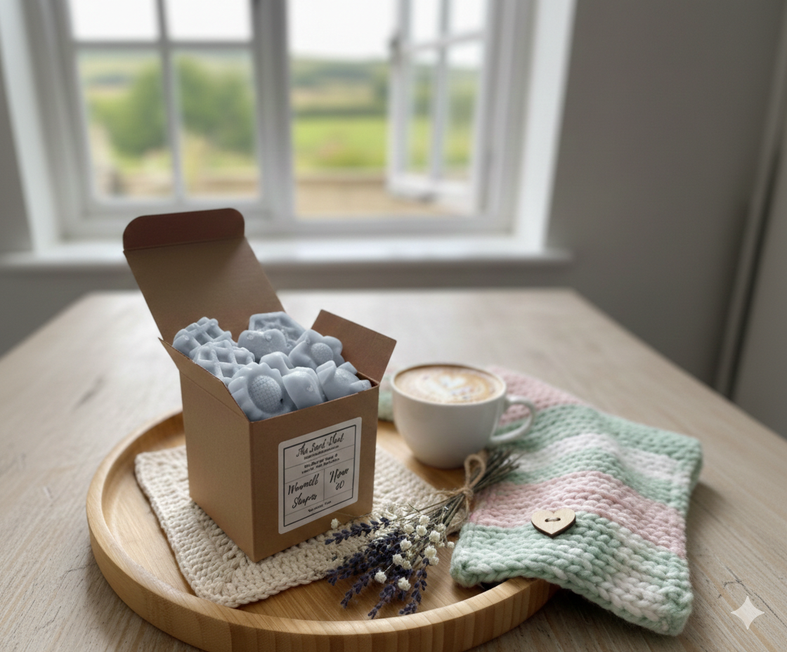 Box of wax melts on a wooden tray with a cup of coffee and a knitted blanket in the background.
