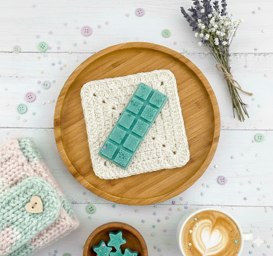Wooden tray with a crocheted white square and green bar, surrounded by decorative items on a light wooden surface.