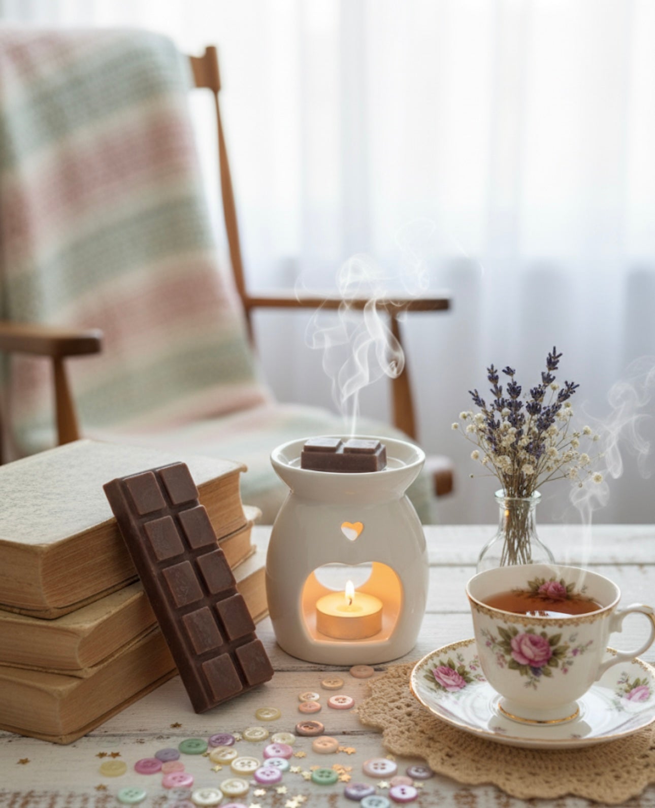 Tea cup with flowers, chocolate bar, and burning wax warmer on a table.