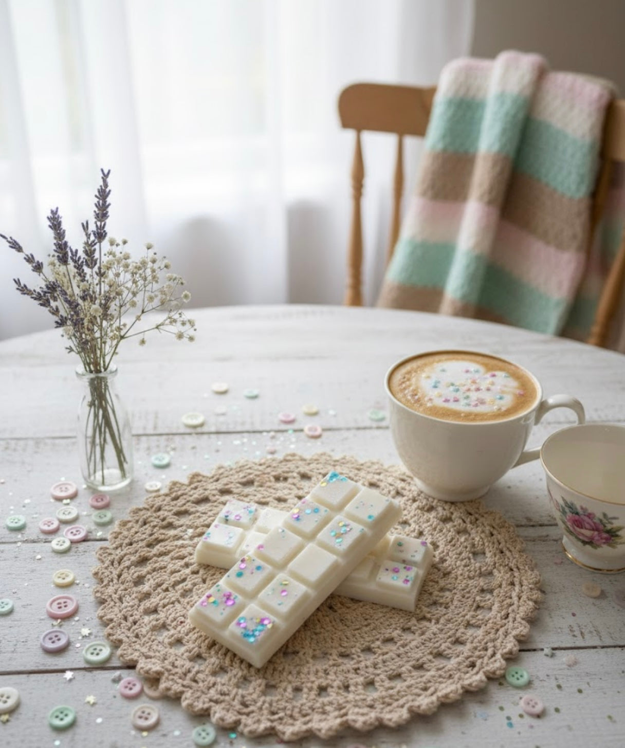 Cup of coffee with decorative elements on a table with a plaid blanket in the background