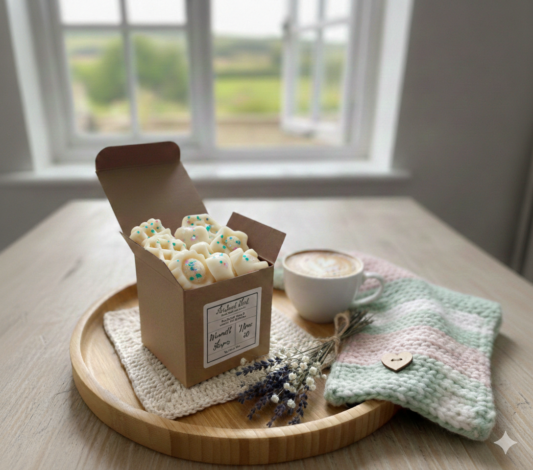 Box of Wax Melt Shapes  on a wooden tray with a cup of coffee and a knitted item in a softly lit room.