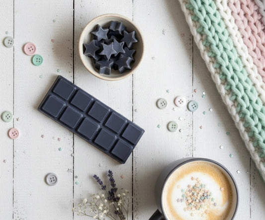 Wax melt Snapbar with star shapes on a wooden surface, next to a cup of coffee and decorative items.