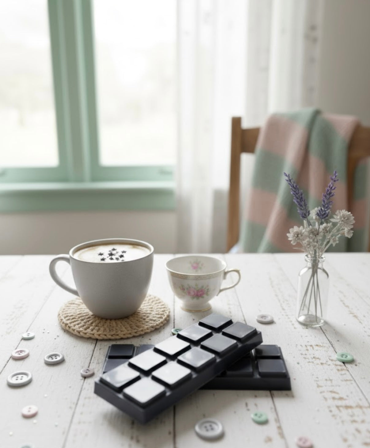 Cup of coffee with a wax melt snap bar on a table with a vase of lavender in the background.