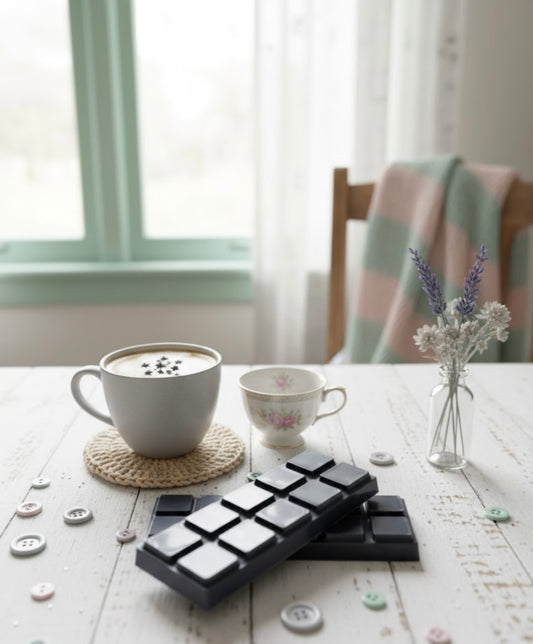 Cup of coffee with a wax melt snap bar on a table with a vase of lavender in the background.